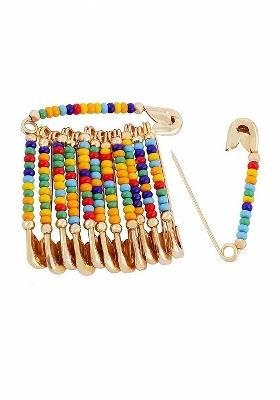 12 Pcs Gold Plated Multicolor Beads Safety Saree Pleats Pin Brooch