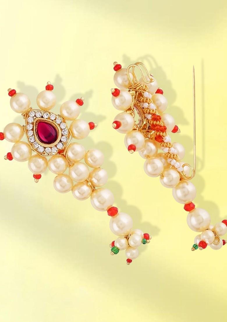 Maharashtrian Golden Safety Saree Pleats Pin Pearl Brooch