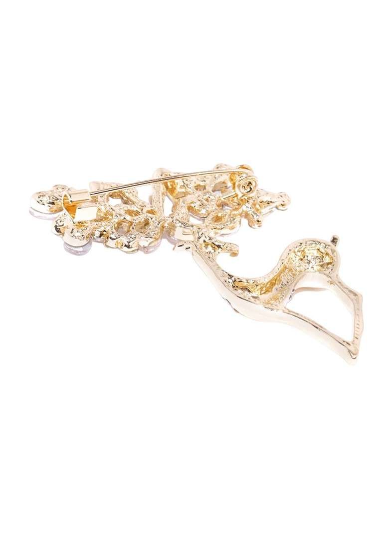 Women Gold Plated Stone Studded Deer Shape Brooch - Indya