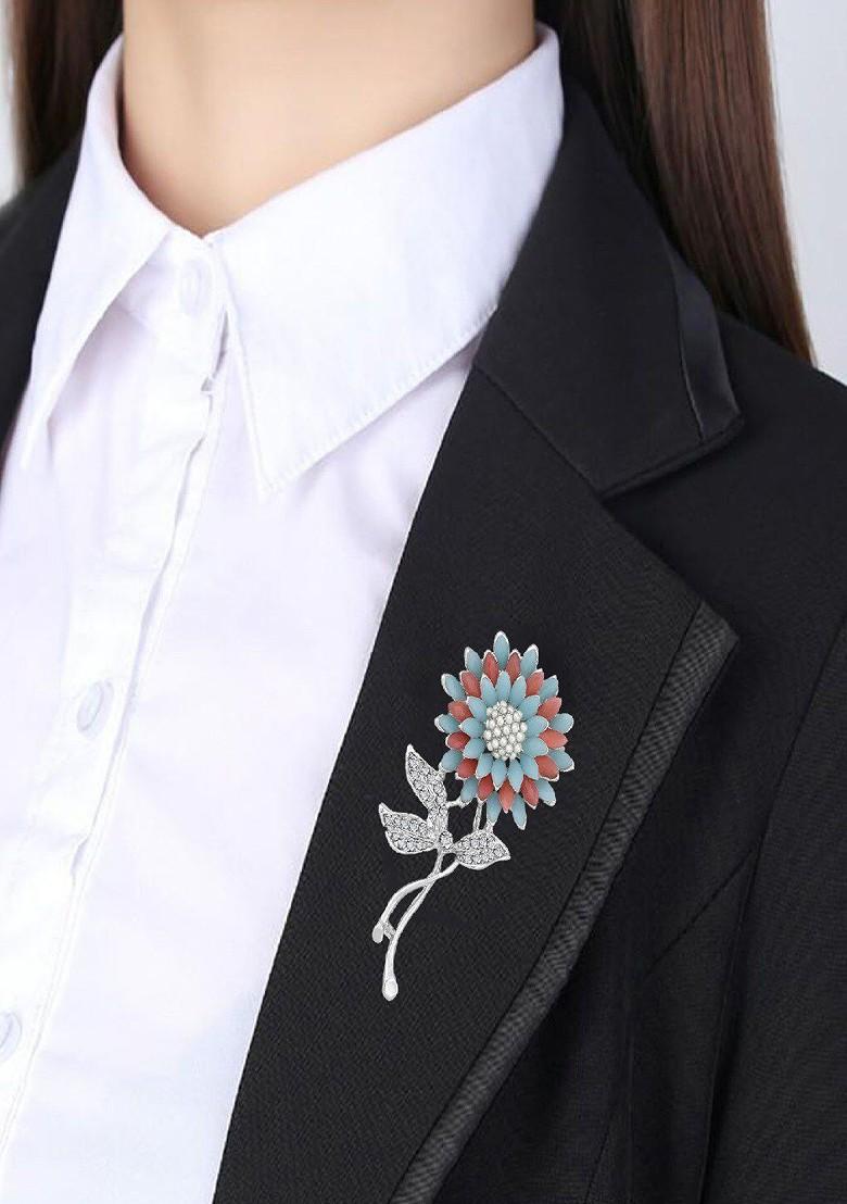 Women Stone Studded Sunflower Shaped Brooch