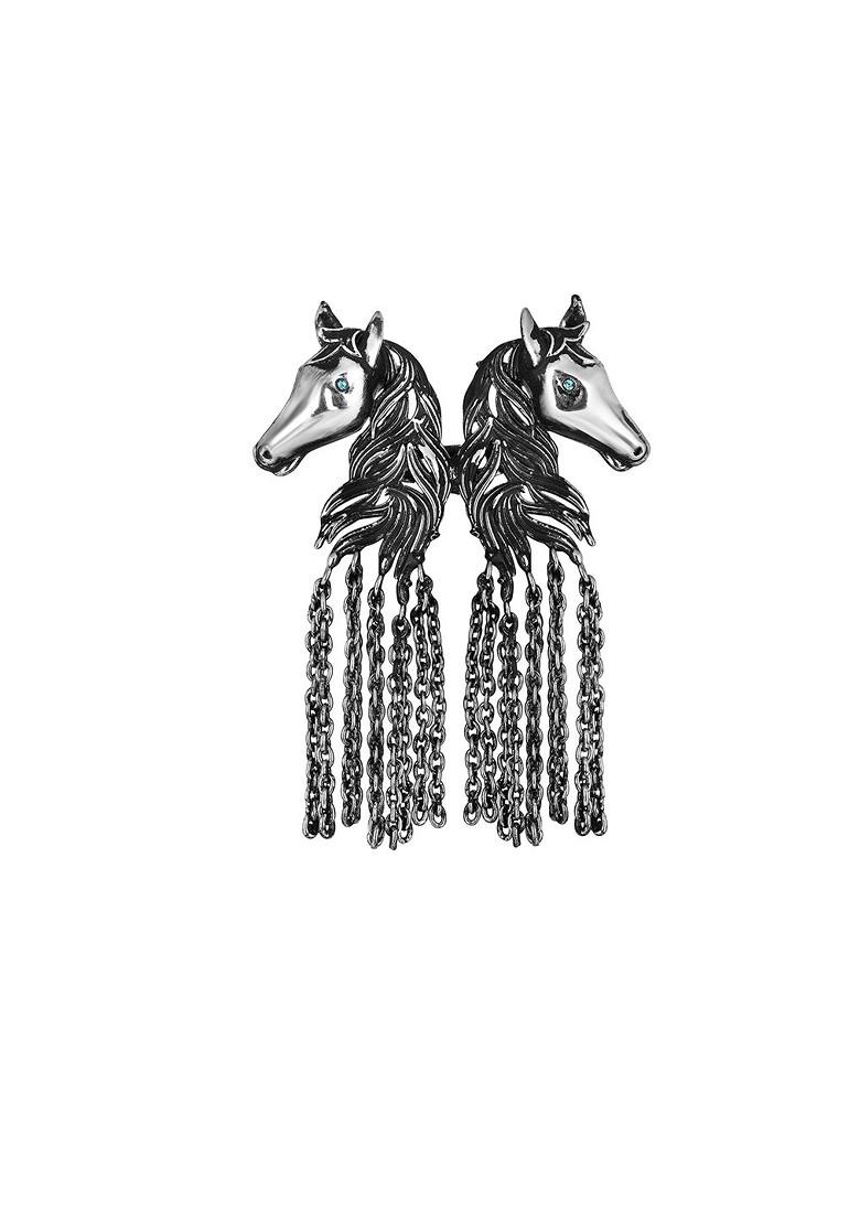 Men Dual Horse Shaped Tassel Chain Brooch