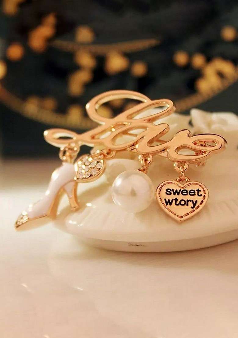Women Rose Gold Plated Stone Studded Love Heart Hanger Shaped Brooch - Indya