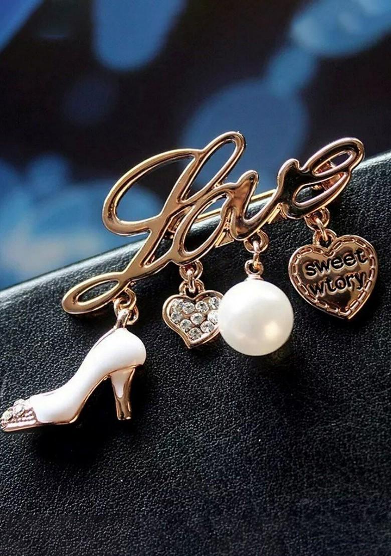 Women Rose Gold Plated Stone Studded Love Heart Hanger Shaped Brooch