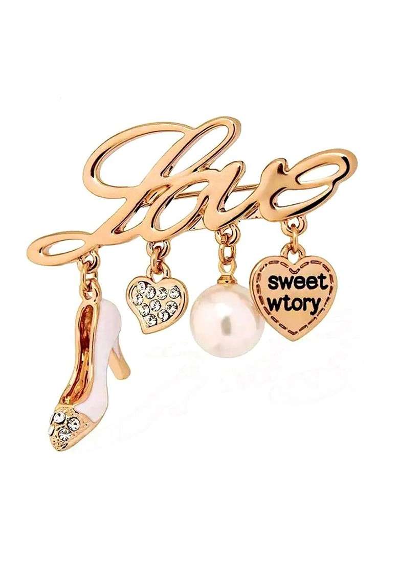 Women Rose Gold Plated Stone Studded Love Heart Hanger Shaped Brooch - Indya