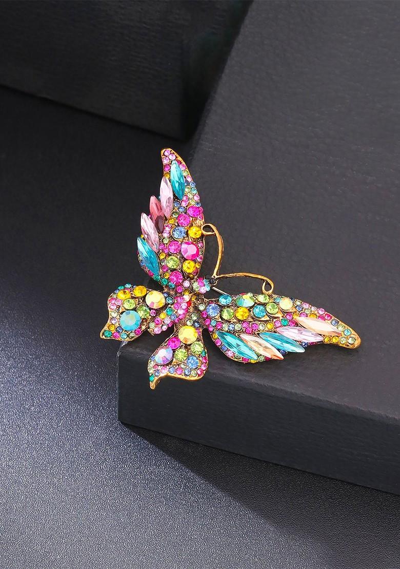 Multicoloured Crystal Studded Butterfly Designed Brooch Pin