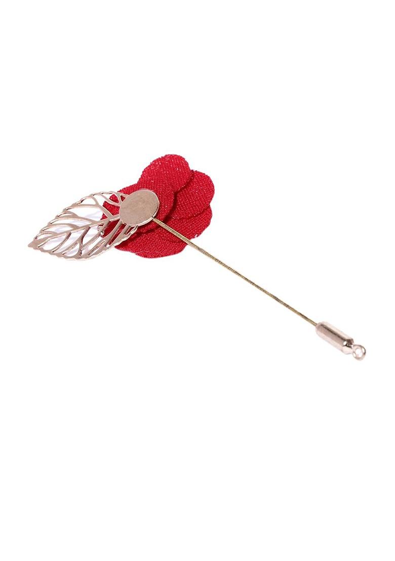 Women Red Rose Gold Toned Floral Leaf Shaped Brooch