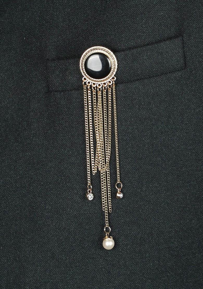 Men Gold Toned Black Stone Studded Beaded Brooch Pin