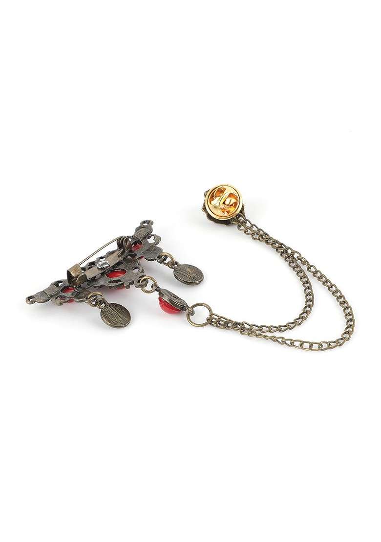 Men Copper Plated Red Embellished Brooch - Indya