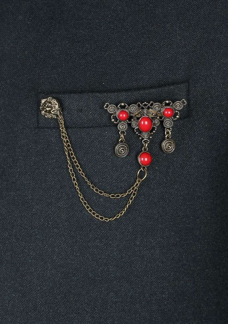 Men Copper Plated Red Embellished Brooch - Indya