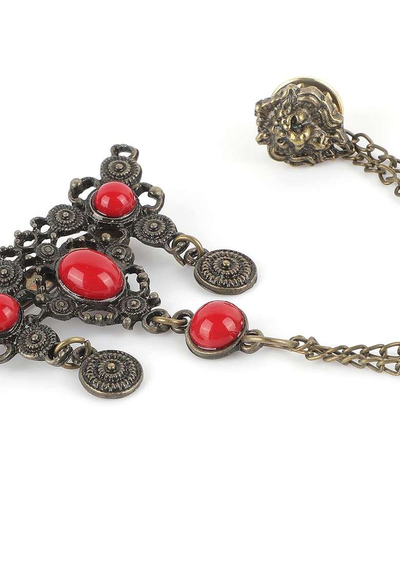 Men Copper Plated Red Embellished Brooch - Indya