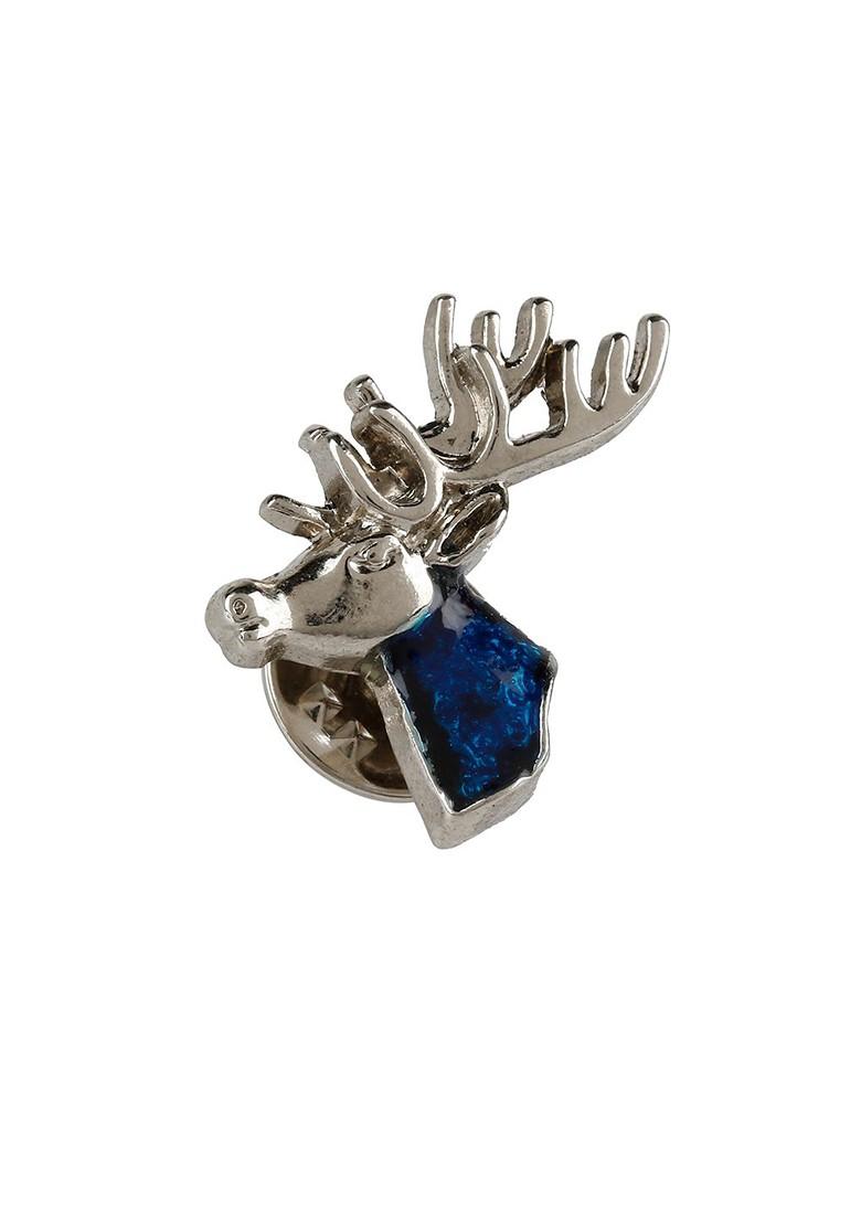 Men Silver Toned Blue Embellished Deer Brooch Pin