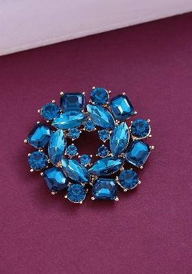Women Blue Gold Toned Studded Brooch