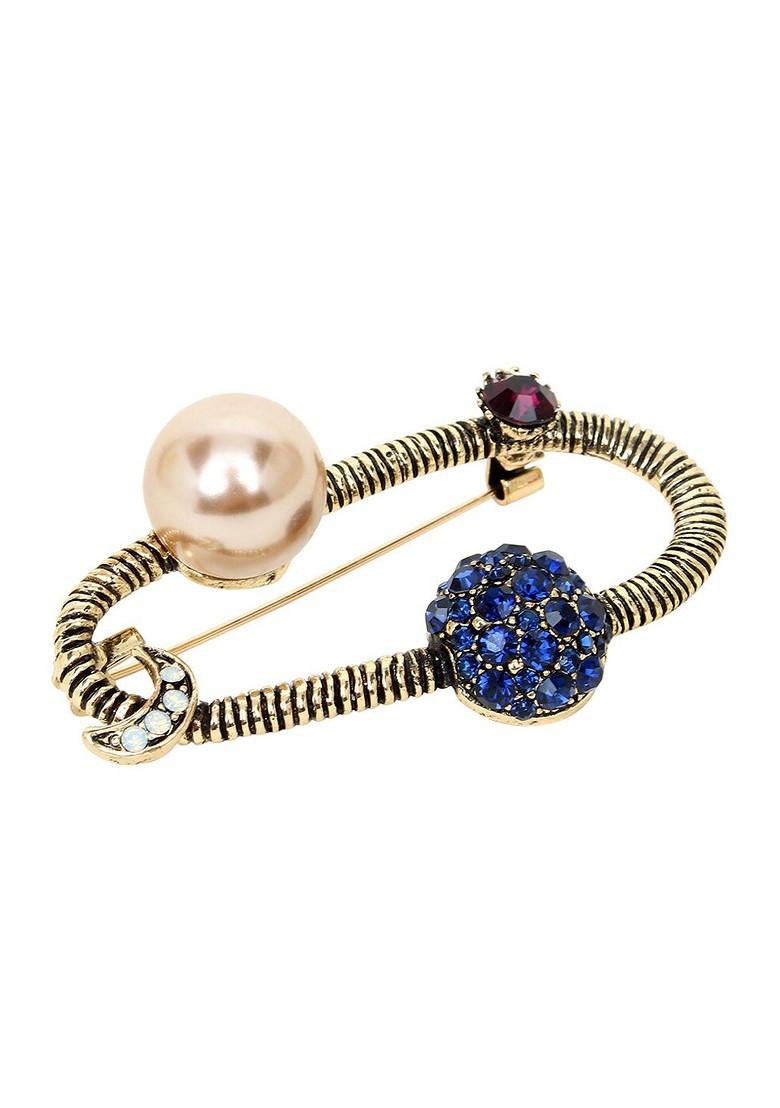 Gold Toned Blue Beige Stone Studded Beaded Brooch