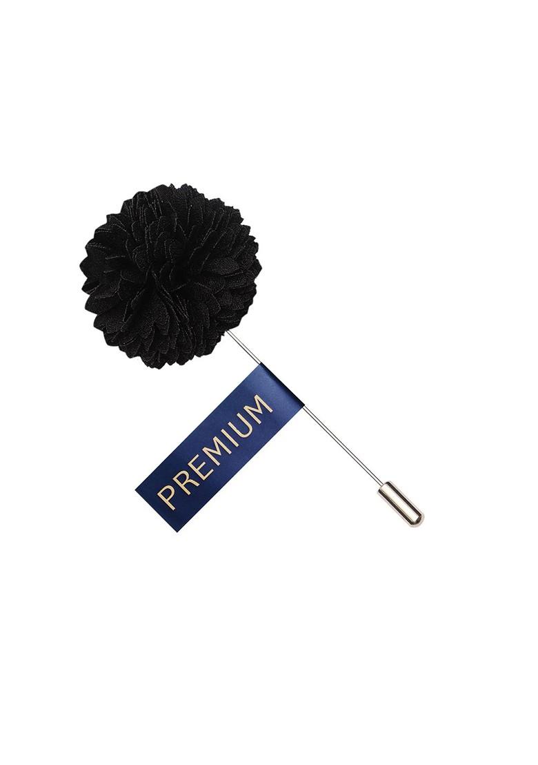 Men Black Silver Toned Velvet Floral Brooch Lapel Pin