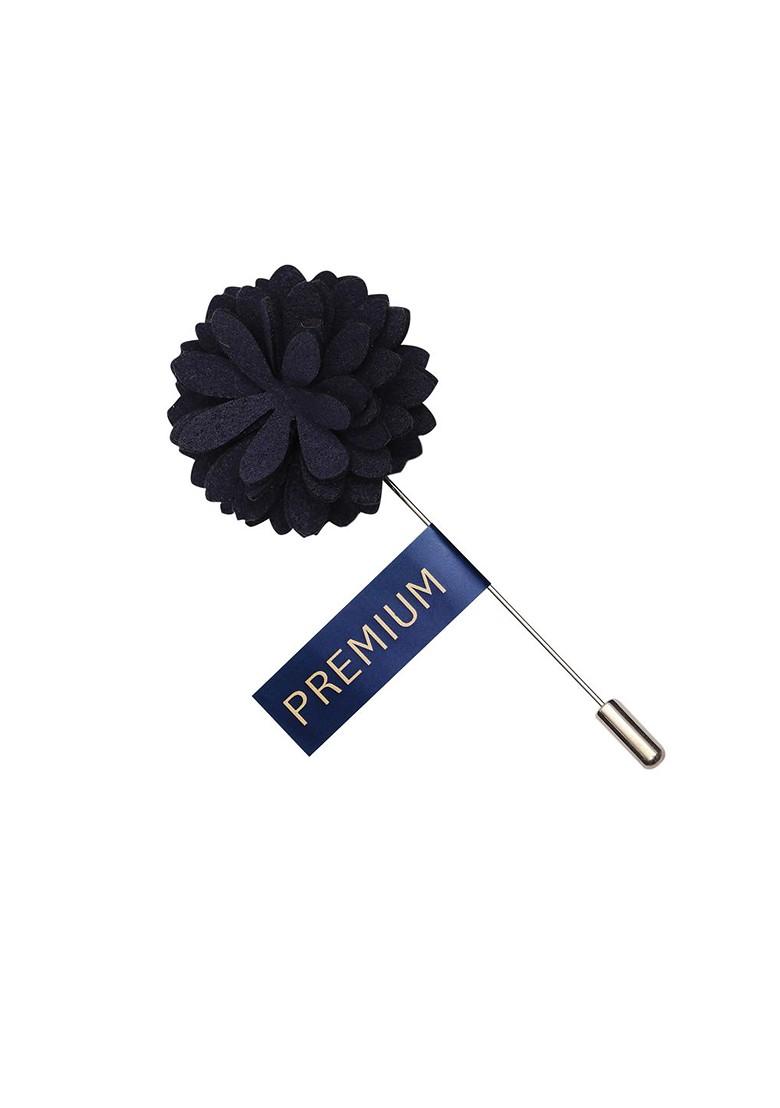 Men Navy Blue Silver Toned Velvet Floral Brooch Lapel Pin