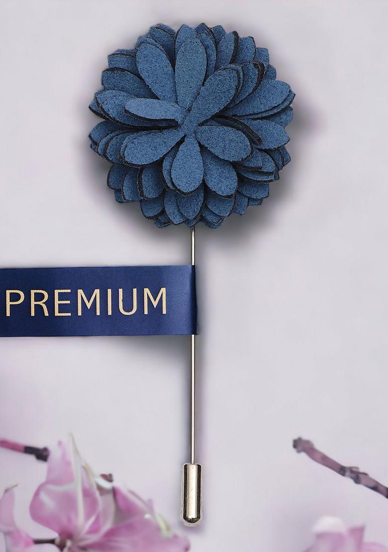 Men Teal Blue Silver Toned Velvet Floral Brooch Lapel Pin