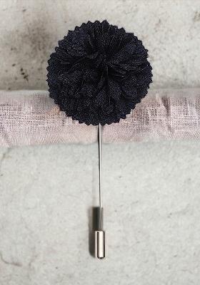 Men Navy Blue Silver Toned Velvet Floral Brooch Lapel Pin