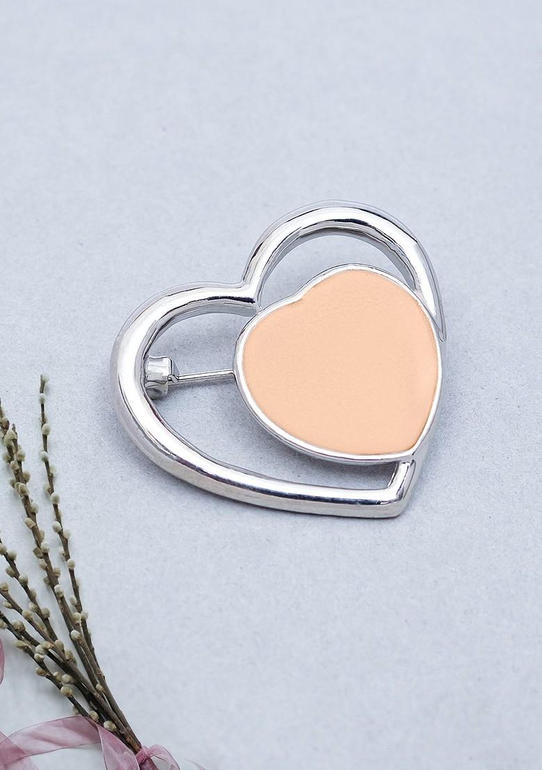 Women Silver Toned Peach Coloured Heart Shaped Brooch