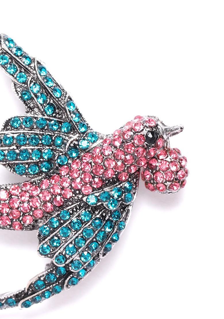 Women Pink Blue Stone Studded Bird Shaped Statement Brooch