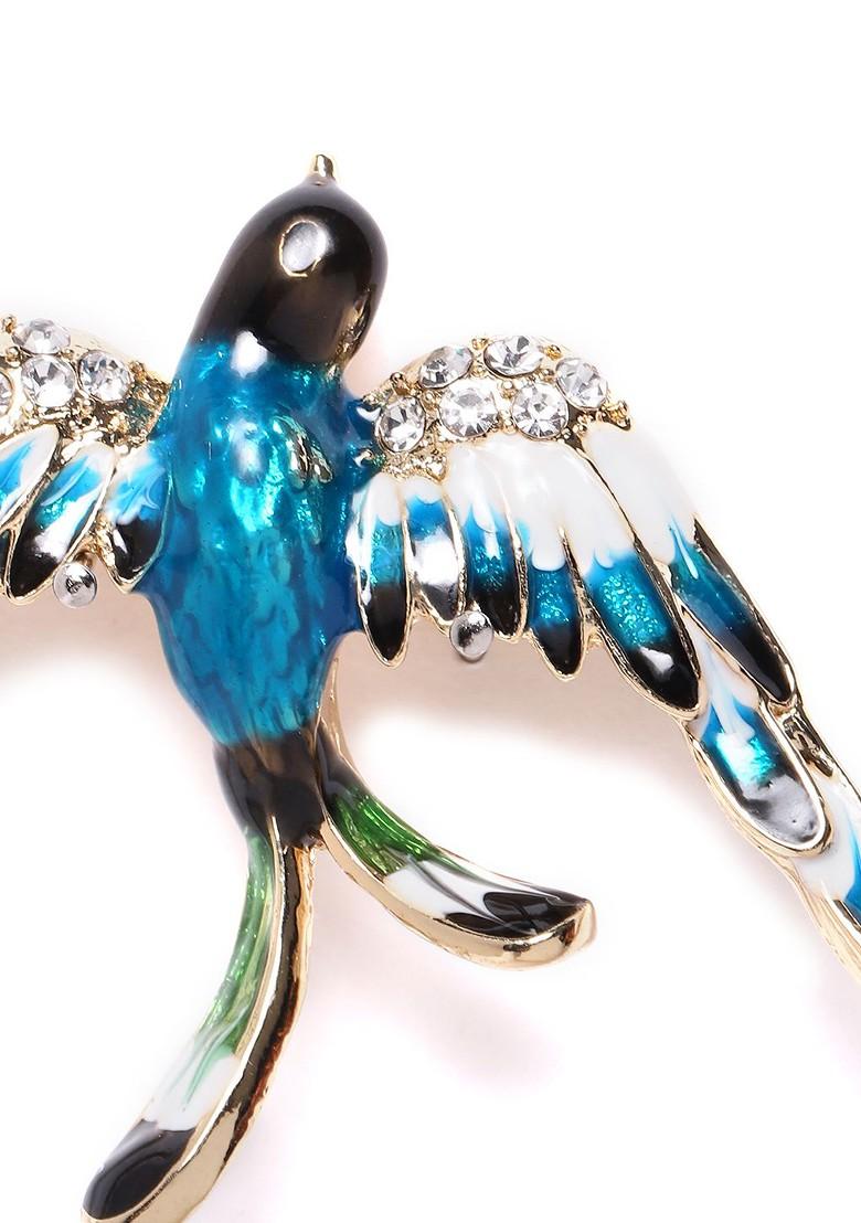 Women Blue White Stone Studded Bird Shaped Statement Brooch