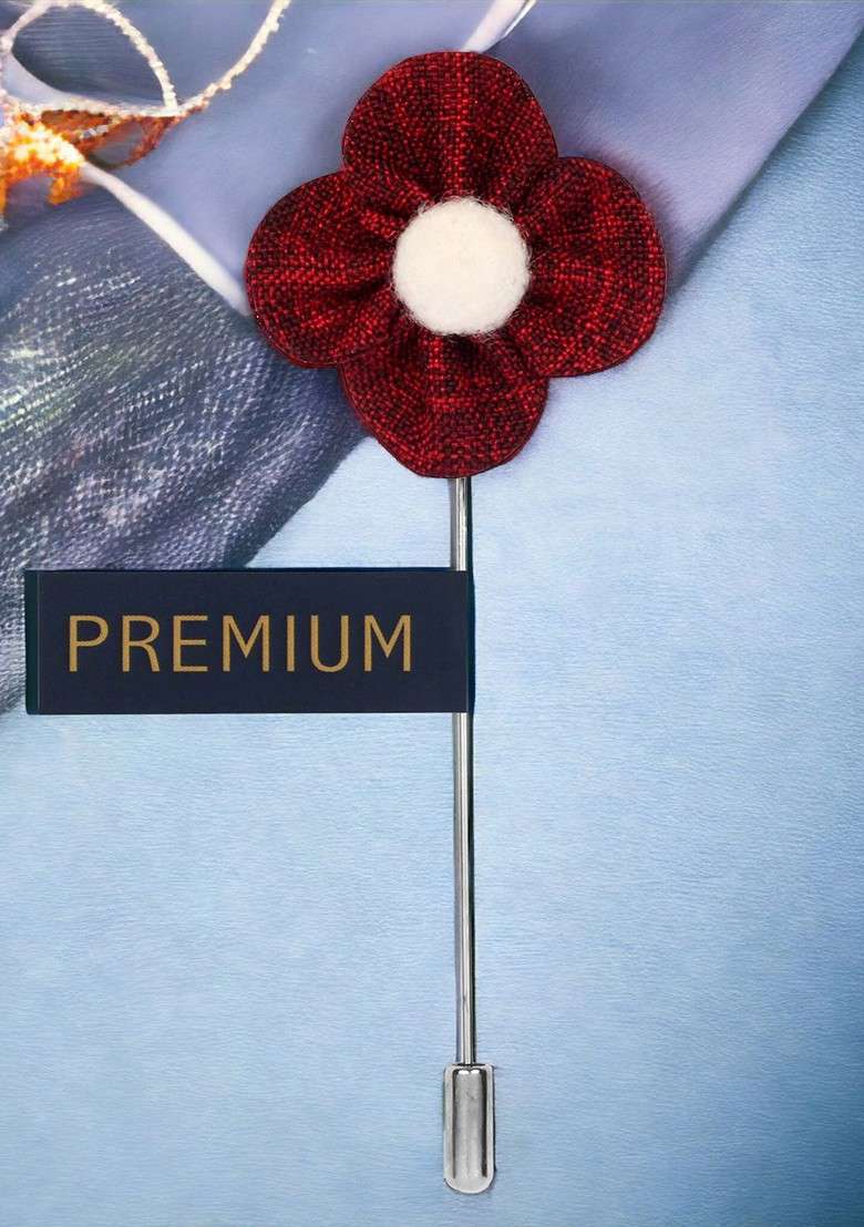 Unisex Maroon White The Four Petal Checkerd Flower Lapel Pin - Indya