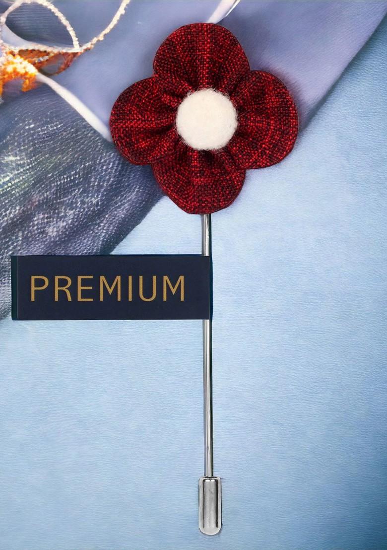 Unisex Maroon White The Four Petal Checkerd Flower Lapel Pin