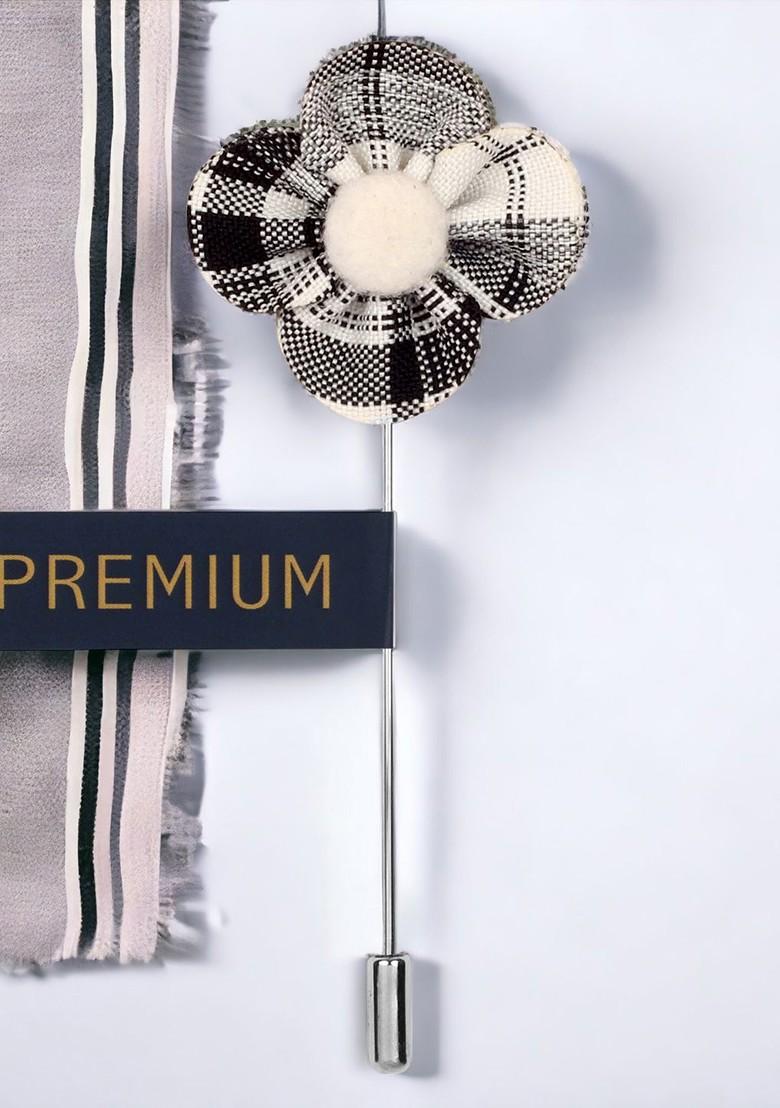Unisex White Black The Four Petal Checkerd Flower Lapel Pin