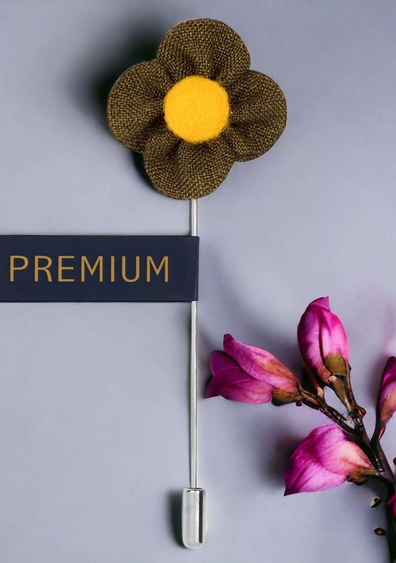 Unisex Olive Green Yellow The Four Petal Classic Flower Lapel Pin - Indya