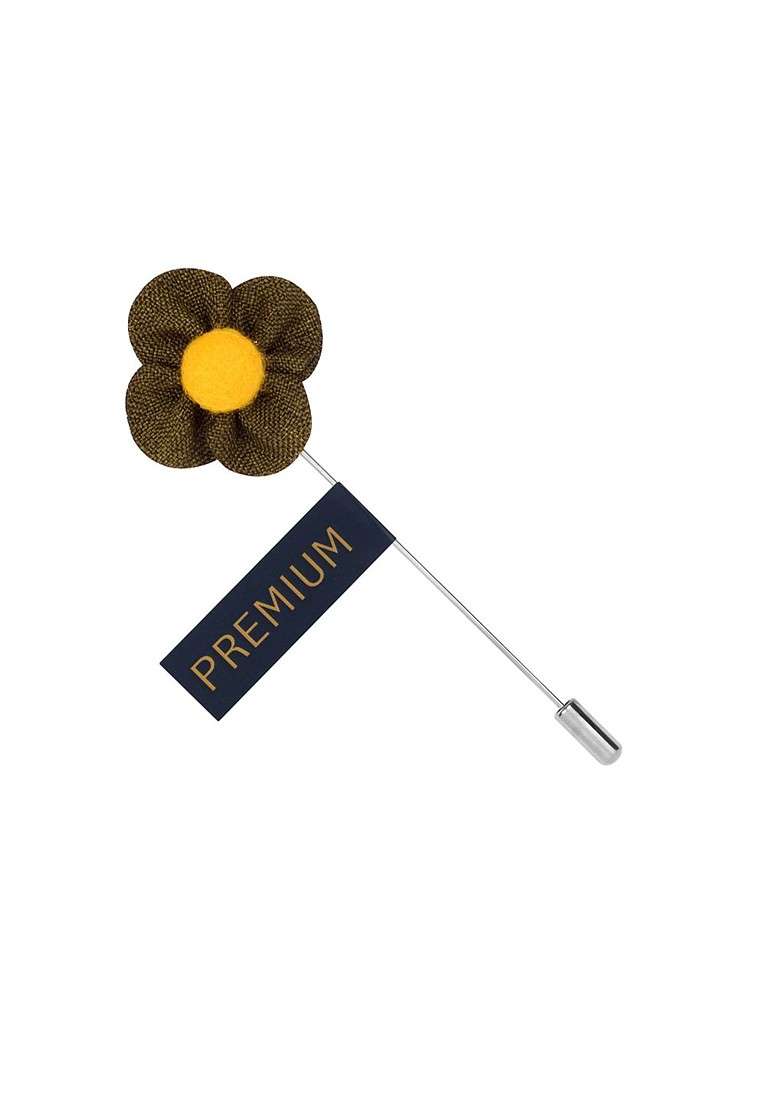Unisex Olive Green Yellow The Four Petal Classic Flower Lapel Pin - Indya