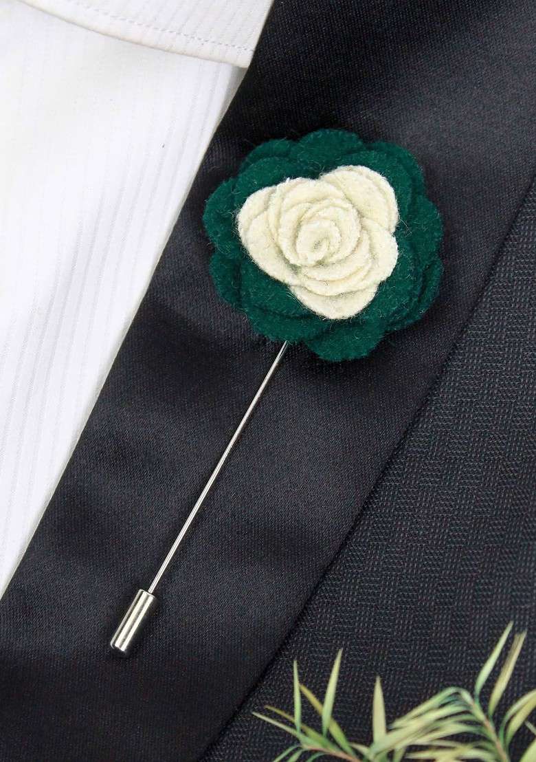 Unisex Cream Coloured Green Graceful Bloom Lapel Pin - Indya