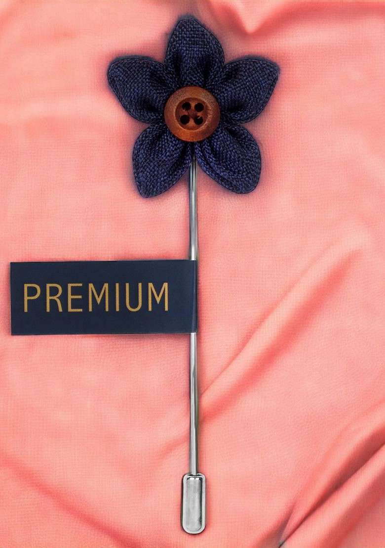 Unisex Blue Brown Button Flower Lapel Pin - Indya