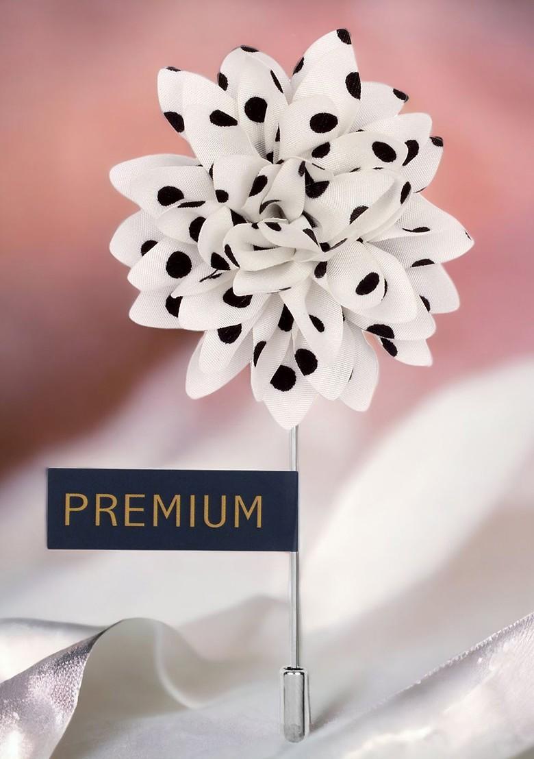 Unisex White Black Polka Petals Floral Lapel Pin