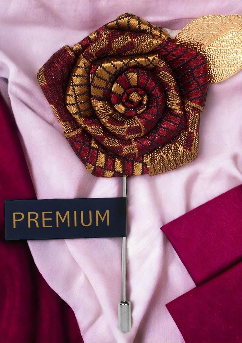 Unisex Maroon Gold Toned Floral Pentagon Lapel Pin