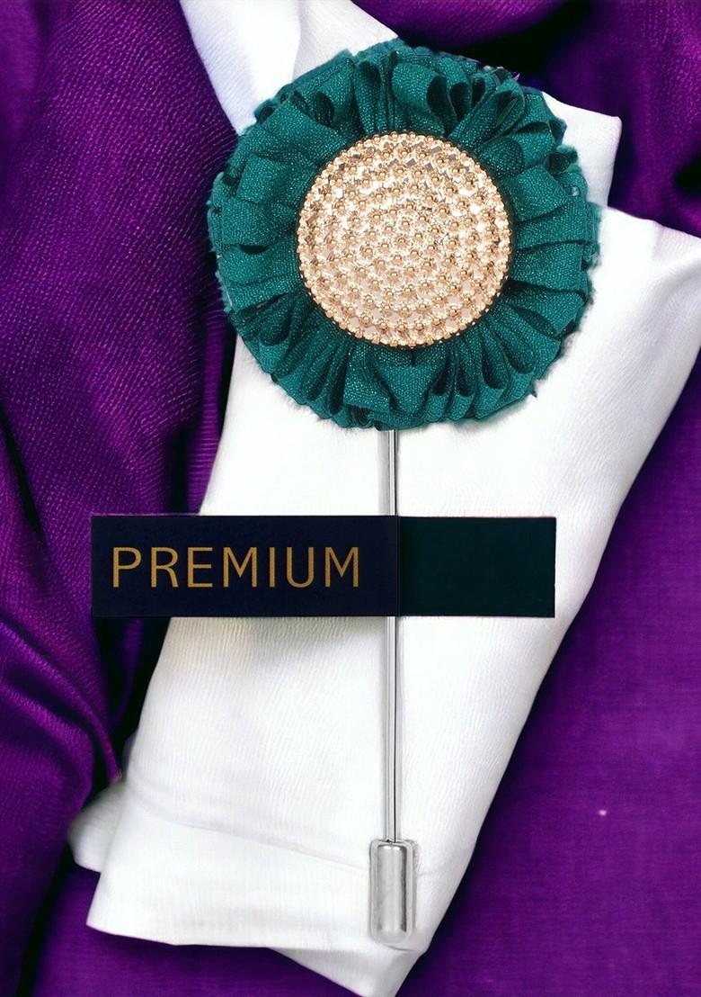 Unisex Green Gold Toned Stone Studded Sun Flower Lapel Pin