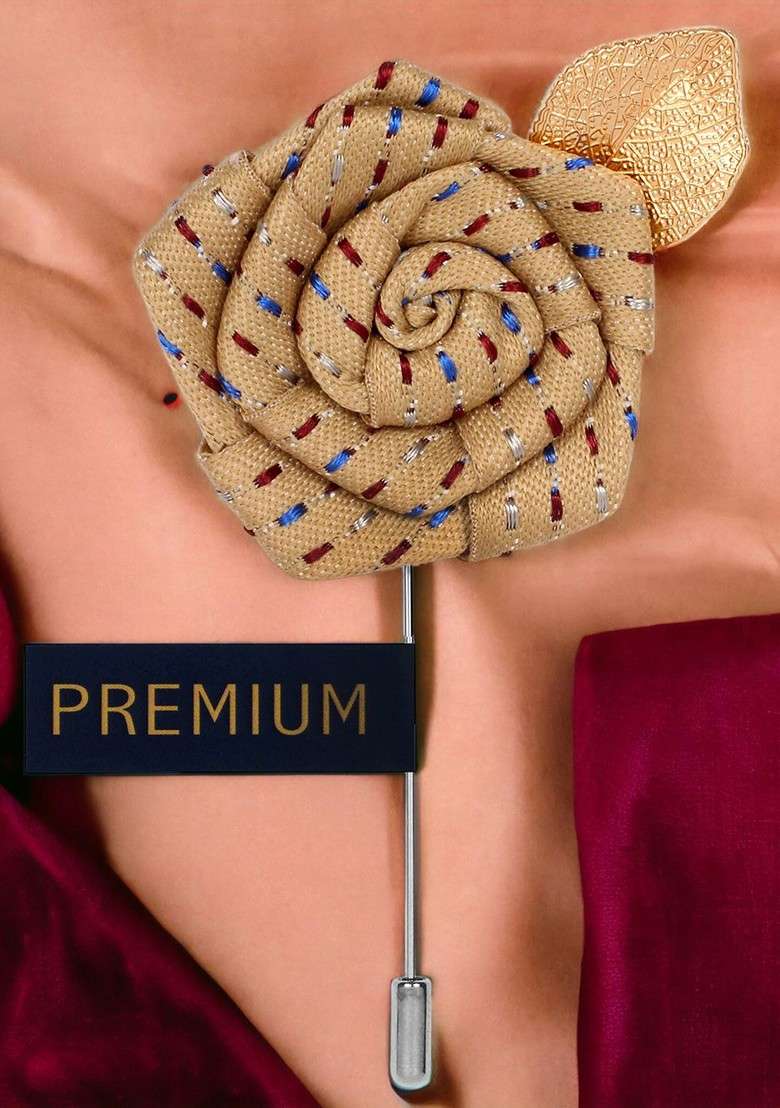 Unisex Cream Coloured Maroon Floral Pentagon Lapel Pin - Indya