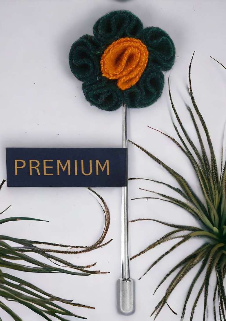 Unisex Green Orange Florwer In Flower Lapel Pim - Indya