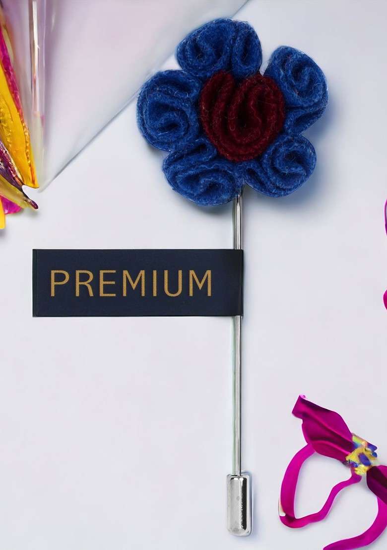 Unisex Blue Maroon Florwer In Flower Lapel Pin - Indya