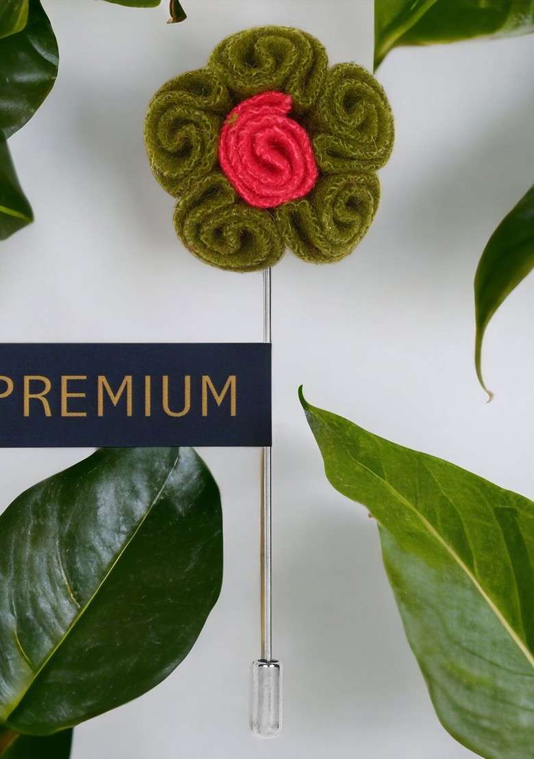 Unisex Olive Green Pink Florwer In Flower Lapel Pin - Indya