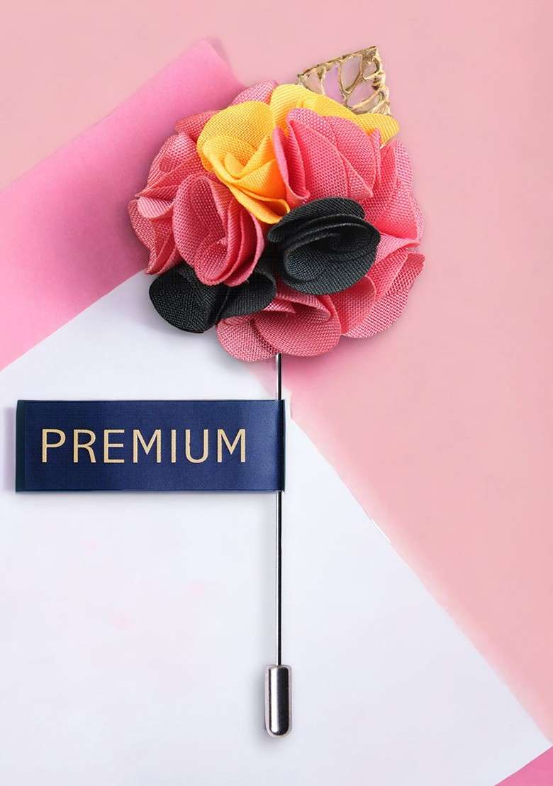 Men Pink Yellow Floral Exotic Delight Brooch Lapel Pin - Indya