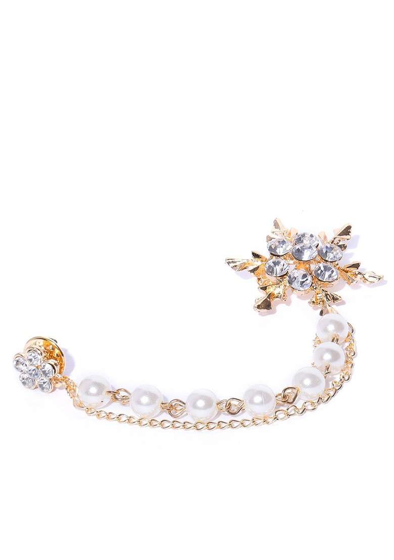 Women White Gold Toned Stone Studded Beaded Floral Brooch - Indya