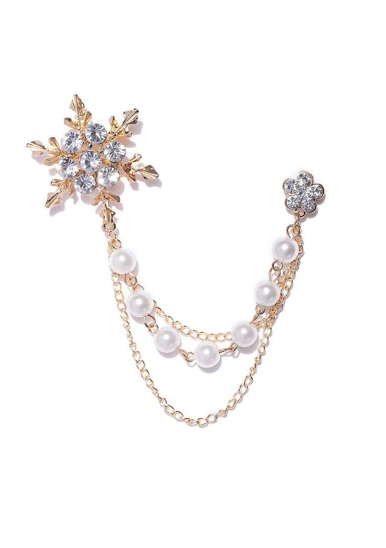 Women White Gold Toned Stone Studded Beaded Floral Brooch - Indya