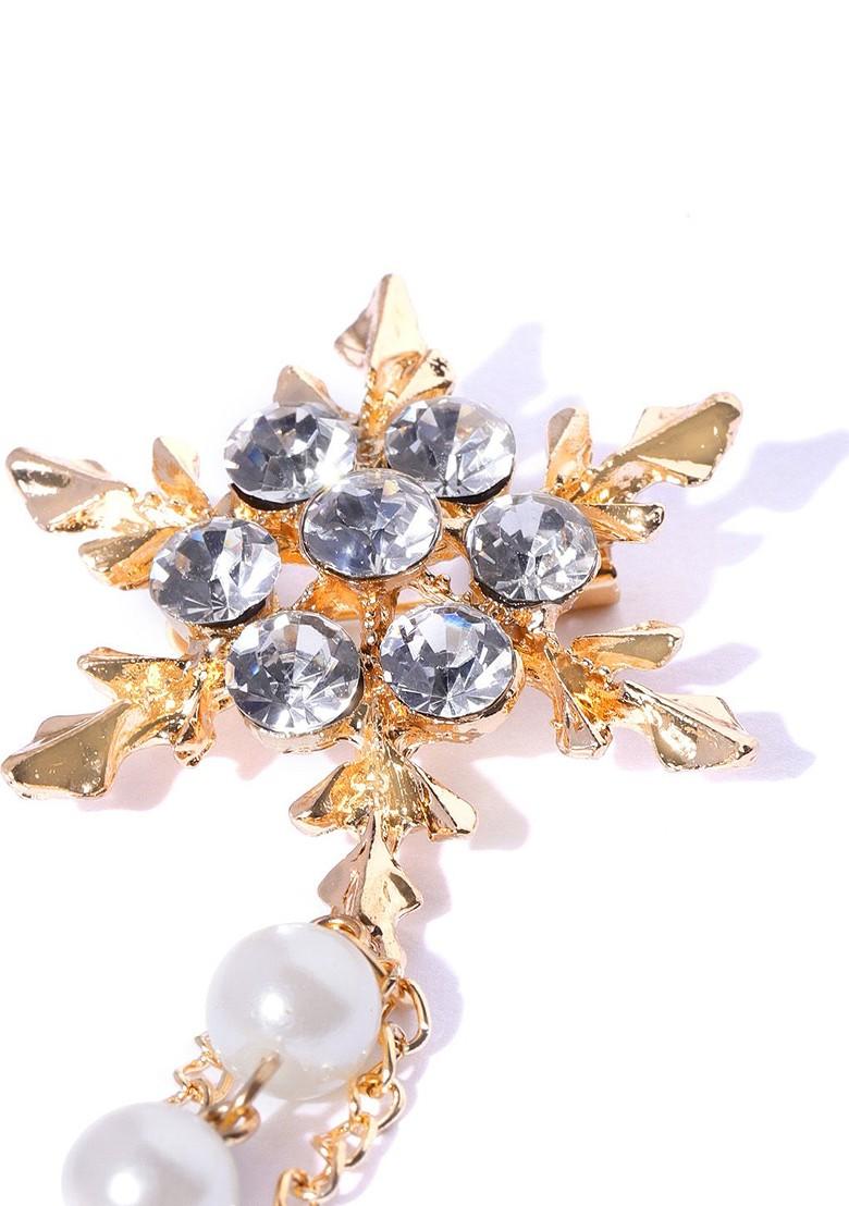Women White Gold Toned Stone Studded Beaded Floral Brooch