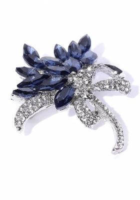 Women Navy Blue Silver Toned Stone Studded Brooch