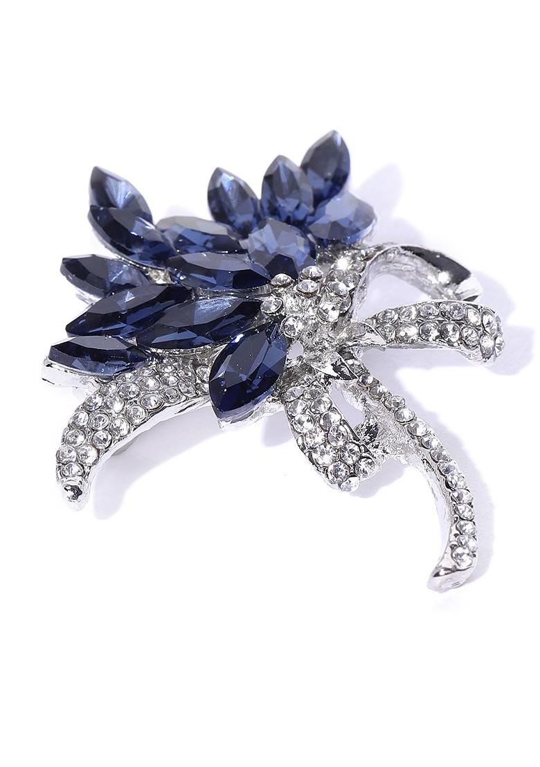 Women Navy Blue Silver Toned Stone Studded Brooch
