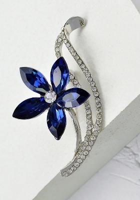 Women Navy Blue Silver Toned Stone Studded Floral Brooch