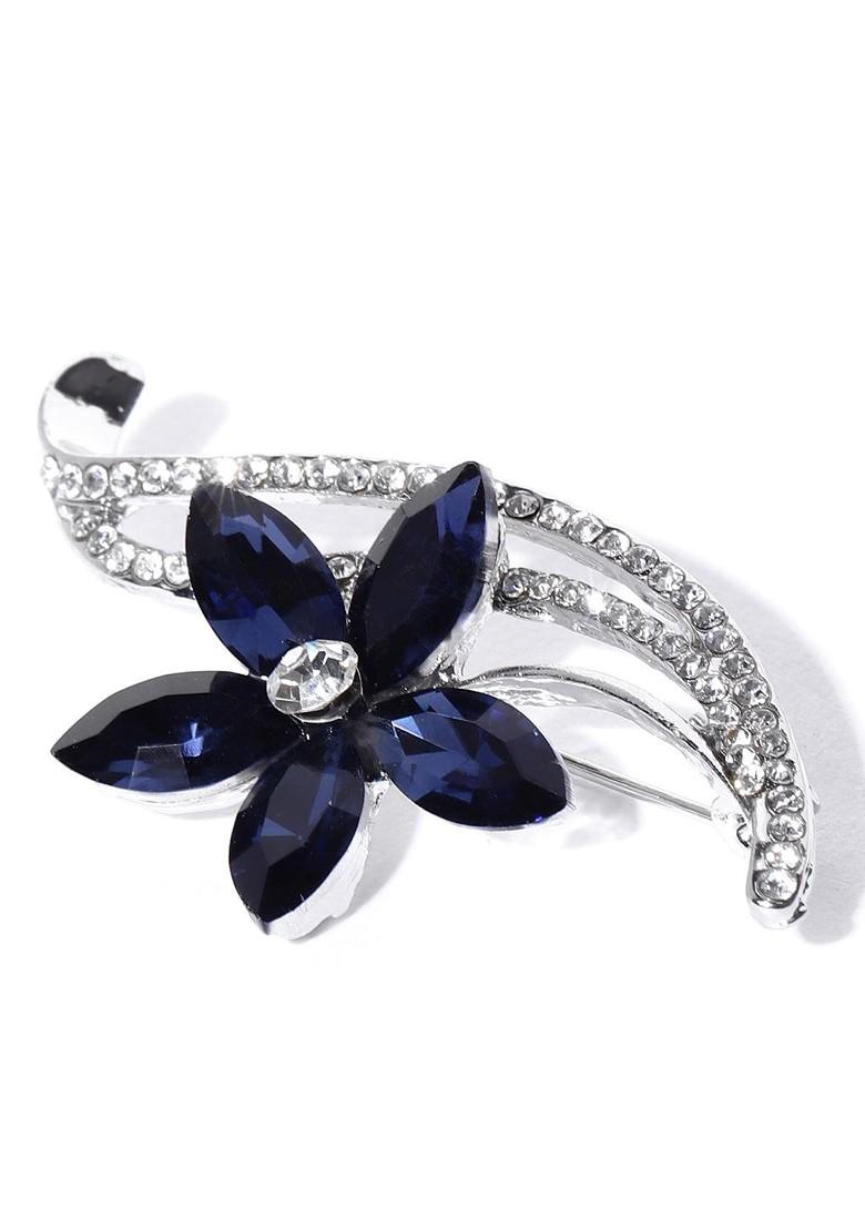 Women Navy Blue Silver Toned Stone Studded Floral Brooch