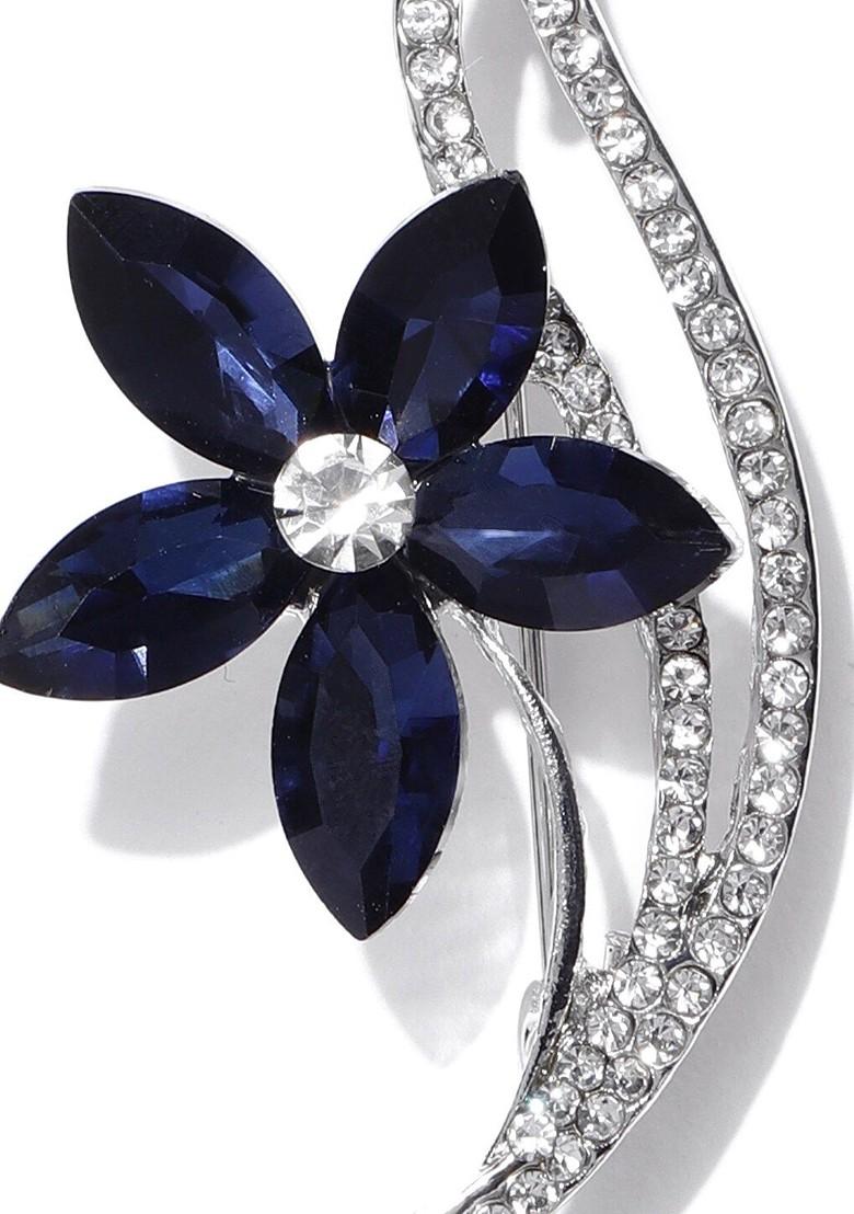 Women Navy Blue Silver Toned Stone Studded Floral Brooch