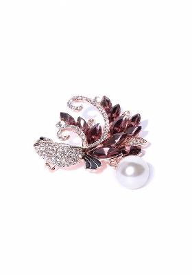 Women Brown Rose Gold Toned Stone Studded Beaded Bird Shaped Brooch