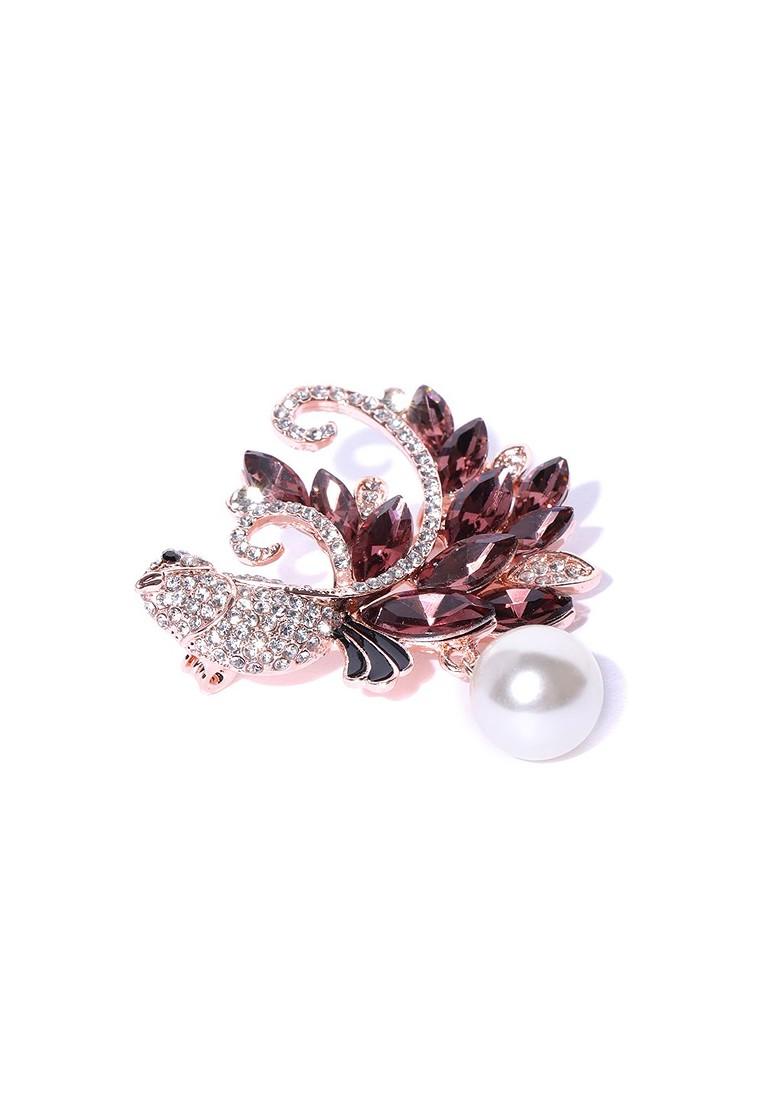 Women Brown Rose Gold Toned Stone Studded Beaded Bird Shaped Brooch