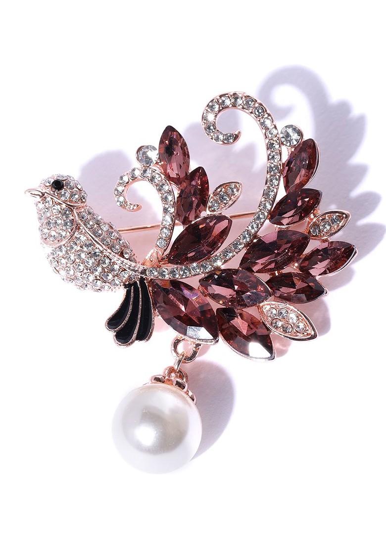 Women Brown Rose Gold Toned Stone Studded Beaded Bird Shaped Brooch
